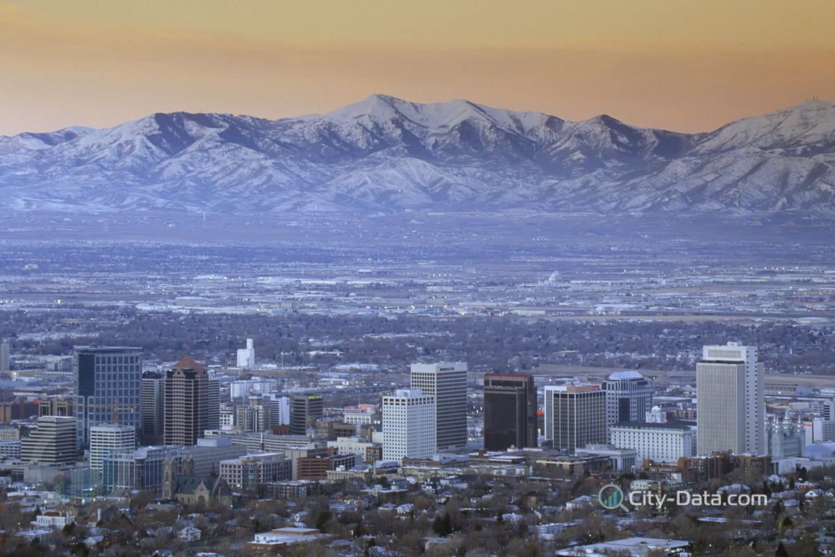 Salt lake city with snow capped wasatch mountains